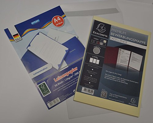 Bewerbungsmappen-Set Exacompta bestehend aus Bewerbungsmappe + 1x hochwertiges Leinenstrukturpapier (50 Blatt) weiß+ Versandtasche B4 weiß. 1er Set