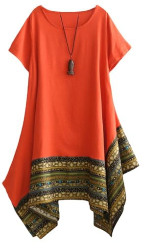 Minibee Women's Ethnic Cotton Linen Short Sleeves Irregular Tunic Dress (L, Orange)