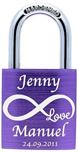 ♥ LoveGoals Liebesschloss mit Gravur | individuell graviert | Geschenk für Paare & Verliebte | hochwertige Geschenkverpackung | Schloss mit 2 Schlüsseln |Oberfläche eloxiert|Motiv M044| (Lila)