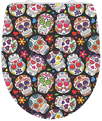 WC-Sitz - Toilettendeckel | Klodeckel mit Absenkautomatik & Schnellverschluss | Hochglanz Duroplast | Toilettensitz mit Muster (Crazy Skulls)