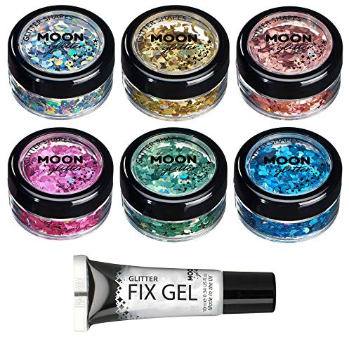 Holografiskt grovt glitter från Moon Glitter – 100 % kosmetiskt glitter för ansikte, kropp, naglar, hår och läppar – 3 g – set med 6 färger