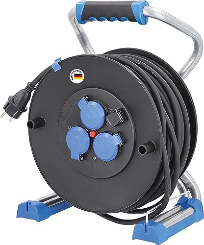 as - Schwabe XPERTS enrollacables de 33 m H07RN-F 3G2,5-3 tomas con tapas de protección - USB - Protección contra salpicaduras IP44 - Bastidor muy estable - Made in Germany, 22623