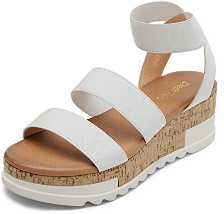 DREAM PAIRS Womens Elastic Strappy Wedge Sandals Platform Open Toe Summer Beach Low Wedges Shoes,Size 5,White,REED-1