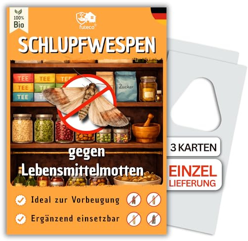 Futeco® Schlupfwespen gegen Lebensmittelmotten - 3 Karten à 1 Lieferung zur effektiven Bekämpfung - biologische Alternative zur Mottenfalle oder Pheromonfalle