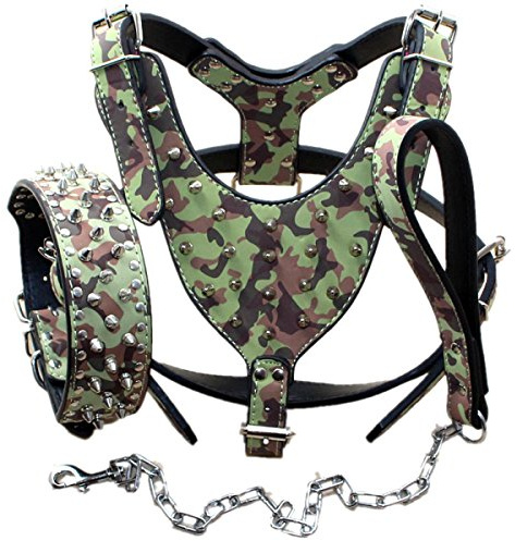 haoyueer Lot de 3 colliers assortis en cuir clouté pour chien de taille moyenne et grande, harnais et laisse pour Pit Bull, Mastiff, Boxer, Bull Terrier (XL, Camouflage)
