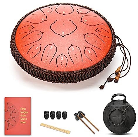 Amkoskr Stahlzungentrommel, 14 Zoll 35 cm Steel Tongue Drum, D-Dur 15 Noten, Handtrommel HandPan Drum mit Drumsticks/Tragetasche(Rot)