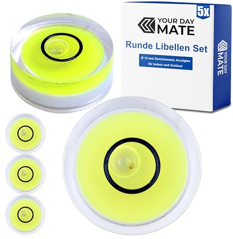 Bubbla vattenpass, Paket om 5, Ø 12 mm diameter, Precisionsvattenpass med luftbubbla, Horisontell bubbla, Bullseye, Rund lutningsmätare, Mini rund vattenpass för kameror, Camping och husvagnar