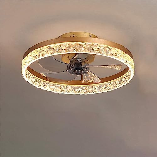 FLYFO Fan Ceiling Light, K9 Crystal Ceiling Lamp with Remote Control Dimmable, Ultra-Thin 16.5cm Fan Lamp in Living Room and Bedroom, Reversible Fan,Gold