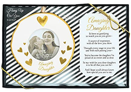 Pavilion - 4 Gold White Ornament Round 2.36 Photo Holder with Keepsake Card - Amazing Daughter - Gift Ready Packaged Set