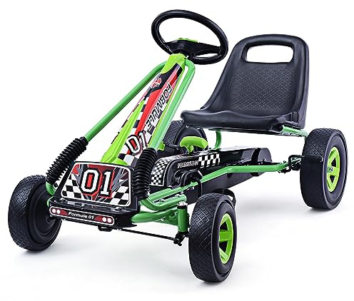 COSTWAY Go Kart a Pedali per Bambini, con Sedile Regolabile e Freno a Mano, Go Kart Veicolo per Bambini 3-8 Anni, Portata Massima 30 kg (Verde)