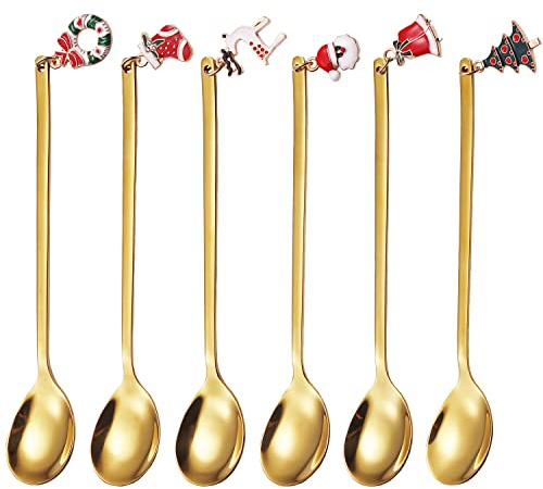 Weihnachtslöffel Set，ESRISE Geschirr Weihnachten Weihnachtsgeschirr Set Bunte Edelstahl Kaffee Weihnachten Löffel， Kleine Zuhause Löffel, Dessertlöffel (Gold)