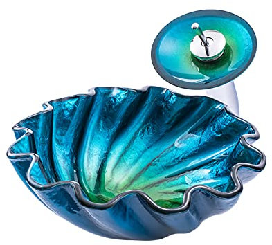 Ksunun Vasque à Poser en Verre Trempé Lavabo à Poser Salle de Bain Evier à Poser en Design Tourbillon Bleu avec Ensemble de Drainage Robinet Cascade, pour Salle de Bain Toilette