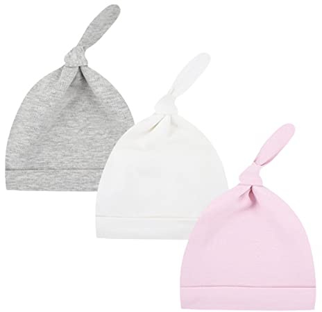 CuteOn 3 Pack Baby Beanie Knoten Hut Neugeboren Jungen Mädchen Baumwolle Einstellbar Kappe zum Baby 0-6 Monate 60 Puderweiße Asche
