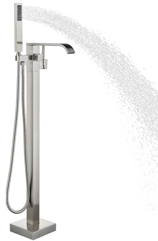 Freestanding Bathtub Faucet Brushed Nickel Tub Filler Floor Mount Single Handle Brass Tap with Handheld Shower and Swivel Mixer Spout