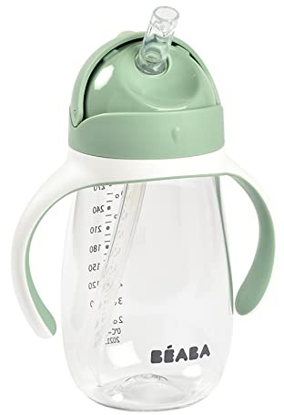 Béaba Biberon/Tasse d'apprentissage 2 en 1, Tasse Paille Enfant, 100 Pour cent étanche, Anti-fuite, Facile à Ouvrir, Poignées amovibles, Tritan et Silicone, 300 ml, Vert Sauge, 1 Unité