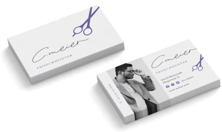 Visitenkarten personalisiert | mit Foto | Design Friseur | 2-seitig | Querformat | Menge + Farbe + Papier zur Auswahl | selbst gestalten | hochwertiger Druck (Lila, 50 Stück)