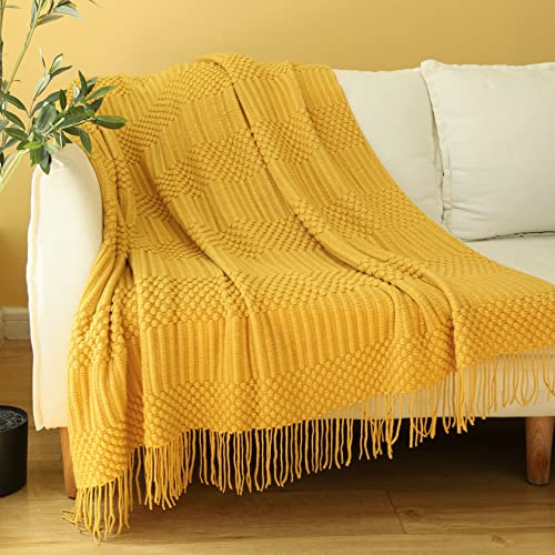 Blagic Knitted Throw Blanket for Couch, Bed and Sofa. Super Soft Blanket with Tassels, Yellow Throw Blanket, 50 x 60 Inches Lightweight & Cosy Home Decor