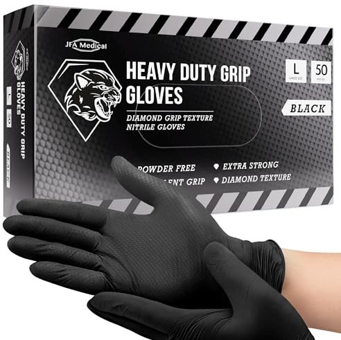 JFA Medical Disposable Heavy Duty Mechanic Powder Free Latex Free Black Diamond Grip Nitrile Gloves - Box of 50 (Large)