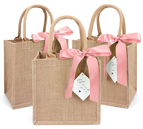 Cute Leaf 6 Pack Burlap Tote Bags with Handles Reusable Small Jute Gift Bags with Pink Silk Ribbons Waterproof Lining for Wedding Bridesmaid Mother's Day Bachelorette Beach Party