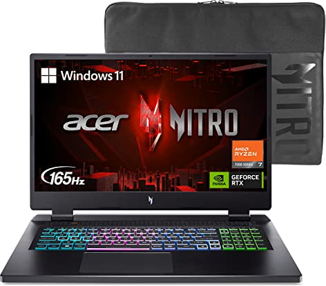 Acer Predator Nitro 17 Gaming Laptop, 17.3 IPS 165Hz FHD Display, AMD Ryzen 7, 16GB DDR5 RAM, 1TB Gen 4 SSD, NVIDIA GeForce RTX 4050, American English RGB Keyboard, Windows 11 Home