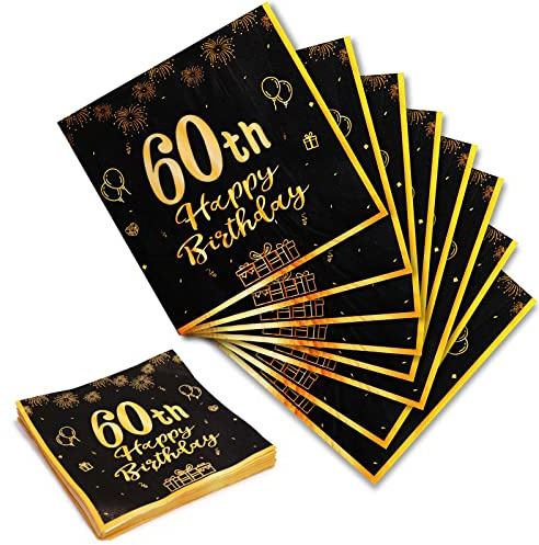 Yiran Servietten 60 Geburtstagsdeko,Mann Frau Servietten 20 Stück Schwarze Gold Happy Birthday Servietten 33cm x 33cm Papierservietten Party Supplies Tischdekoration Geburtstag Feiern Party Jubiläum