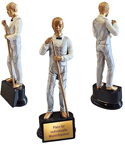 Billard Pokal - Billardspieler Trophäe - Billard Wanderpokal mit Queue 18 | Resin Trophäe in Silber und Gold mit individueller Gravur, personalisierbar für Siegerehrungen, langlebiges Material