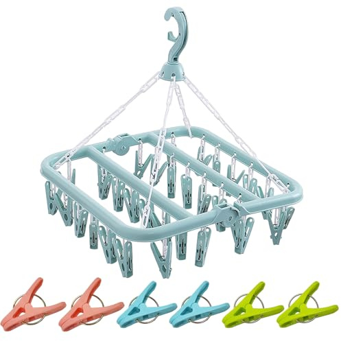 1 molletta pieghevole da appendere per calze (incluse 32 mollette), con 6 aghi per asciugacapelli da spiaggia, spilli quadrati, mollette in plastica antivento