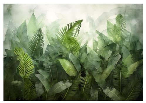 WallArena - Carta da parati fotografica in tessuto non tessuto, motivo foglie, verde naturale, piante tropicali, 368 x 254 cm, carta da parati fotografica, per soggiorno, camera da letto, carta da