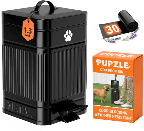 Pupzle Small Dog Poop Trash Can Outside, 1.3 Gal Metal Dog Waste Trash Can, Small Poop Bucket Outdoor with Lid, Poo Container Bin Waterproof Backyard Odor Control, 30 Bags (Black)