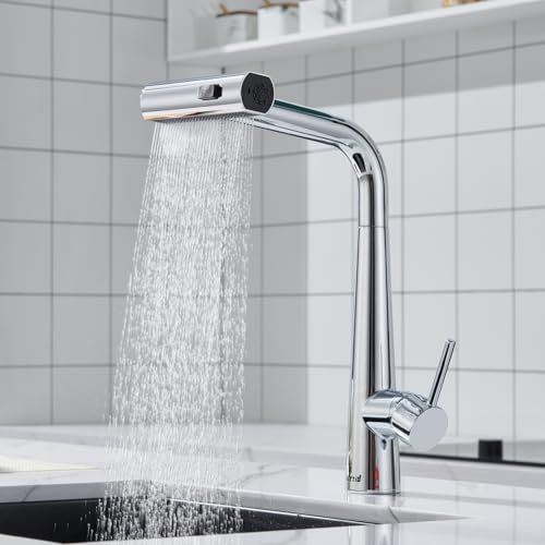 Ulytid Rubinetto Cucina con Doccetta Estraibile, Rubinetto Lavello Cucina a 3 Modalità, Miscelatore Cucina Monocomando Girevole a 360° in Acciaio Inox 304, Calda e Fredda Regolabile, Cromo Lucido
