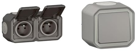 LEGRAND - Prise Etanche Double IP55 avec Terre Plexo - Prise 2P+T 16A Complète avec Volet & Interrupteur Mural Etanche Simple ou Va-et-vient 10A Plexo - Gris