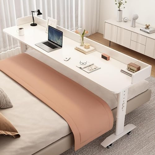 RAYACO Betttisch über dem Bett, Höhenverstellbar, Massivholz, Stahlrahmen, Rollen, 150x40cm (59.1x15.7in), Industriell, Arbeitsplatz, Studieren, Spielen, Entspannen