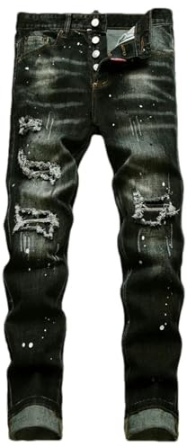 ZMIN Jeans strappate da uomo, vestibilità slim, piccola gamba, pantaloni blu, jeans maschili stretch a tubo, 42