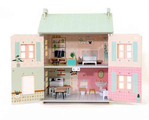Bubblat Kids Maison de Poupées en Bois au Style Vintage | Grande Maison de Jeu avec 15 Meubles | Jouet dImitation pour Enfants dès 2 Ans
