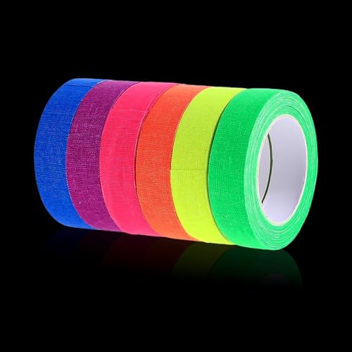 Thinp 6 Rollen Neon Klebeband Schwarzlicht,Fluoreszierendes Klebeband Wasserfest,Leuchtendes Band Selbstklebend,Markierungsband,Warnband Phosphorband,für Treppen Wänden Bühnenbedarf Partydeko-5mx15mm
