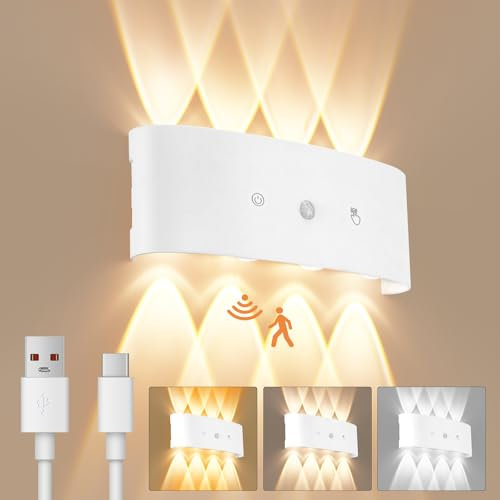Kinberry Aplique Pared Interior LED 8W, Lampara Pared Interior con Sensor de Movimiento, Apliques Pared sin Taladro, 3 Colores Regulables, para Salón, Dormitorio, Pasillo, Escaleras, 8 Luces