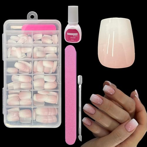ZAHRVIA Falska Nagl Tips Set Franska Naglar Att Klistra På – 120 Stycken Vita Rosa Gradient Fyrkantig Design Konstgjorda Naglar Nagelkonst Manikyr