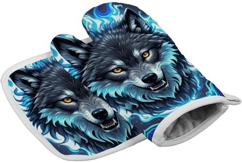 Gants de cuisine personnalisés résistants à la chaleur avec tête de loup dans des flammes bleues, gants de cuisine doux pour femme, cuisine, barbecue, grill, Thanksgiving, cadeau de pâtisserie