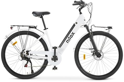 Nilox, Ebike J7, Bici Elettrica, Fino a 80 km di Autonomia, Fino a 25 Km/h, Motore da 36 V/250 W e Batteria Removibile 36V-13 Ah, Gomme 28x1,75, Cambio a 6 Velocità, Colore Bianco