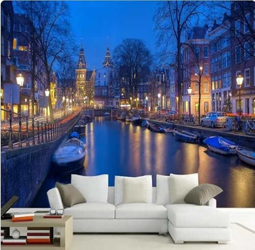 XLMING Cities Buildings Trees Rivers Boats 3D Wallpaper Home Study Office Grey Dining Room Sofa Bedroom Living Room TV Backdrop-430cm×300cm