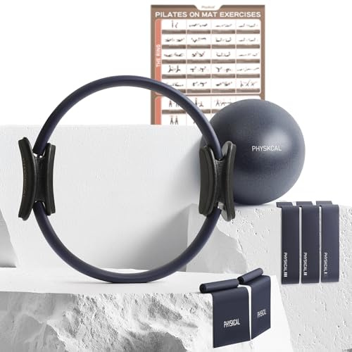 PhysKcal Pilates Set, 15-tums Pilates Cirkel med Pilatesboll, Motstånds- och Flexband, Essentiellt Kit av Pilatesmatta för Hem eller Studio (Navy Blue Set)
