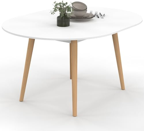 IDMarket - Mesa de comedor extensible redonda Angela, para 4-8 personas, color blanco, con patas de madera, 110 – 150 cm
