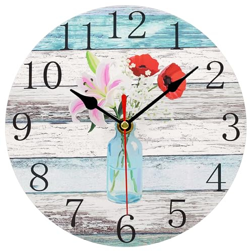 Toudorp Wall Clock Rustic Retro Beach Floral Blue Wooden Round Clocks Battery Operated Silent Non-Ticking 8 Inch Flowers in Glass Bottle Clock Decorative for Kitchen Office Bedroom