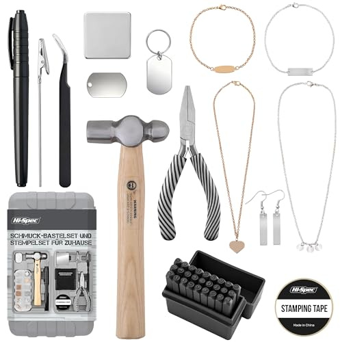 Hi-Spec Schmuckherstellungs-Set ideal für Mädchen und DIY-Designs | 27 Metall-Schlagstempeln, 42 Zubehörteilen und Mini-Kugelhammer – Bastelset für Armbänder, Ketten und Ohrringe Selber Machen