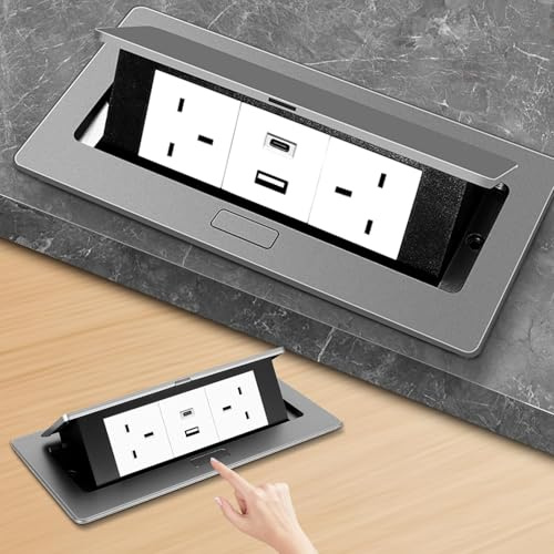 Desktop Power Socket with USB C, Pop Up Electrical Outlet Cover Box, Recessed Aluminum Power Strip with 2 UK Plug, Hidden Pop Up Desk Sockets for Kitchen Worktops, Office, Conference Table (grey)