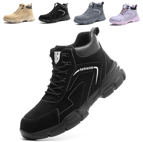 Bawalon Safety Boots Mens Womens Work Boots with Steel Cap, Lightweight Water Resistant Non-Slip Safety Shoes Black UK 10 (EU 44)