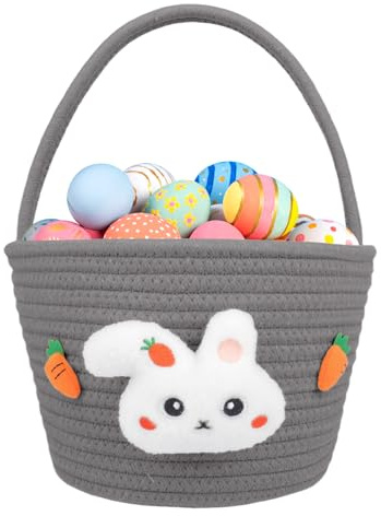 Jonuin Easter Baskets for Kids, Woven Easter Bunny Baskets with Handle, Personalised Egg Hunt Basket for Kids Boys Girls, Perfect for Easter Egg Hunt Candy Toy Storage, Easter Gift Baskets (Grey)