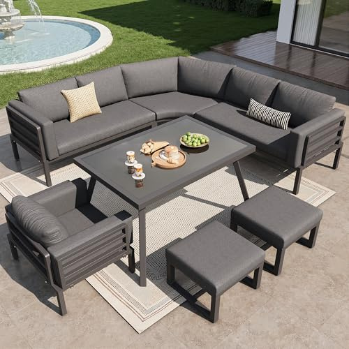 Moimhear Set divano da giardino a forma di mezzaluna, per 8 persone, struttura in ferro con imbottitura grigia, con tavolo in vetro, 1 poltrona e 2 sgabelli, mobili da terrazza resistenti alle