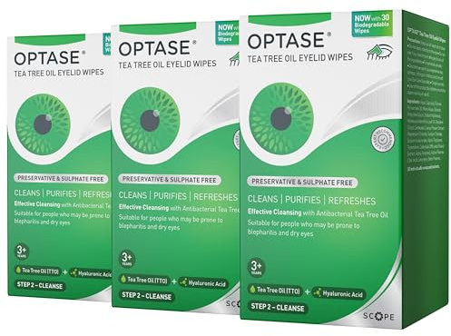Optase Tea Tree Oil Eyelid Wipes – Cleanses, Purifies, and Refreshes Eyelids – Preservative Free – Biodegradable Wipes – Effective Cleansing with Antibacterial Tea Tree Oil  - 3x30 Pack