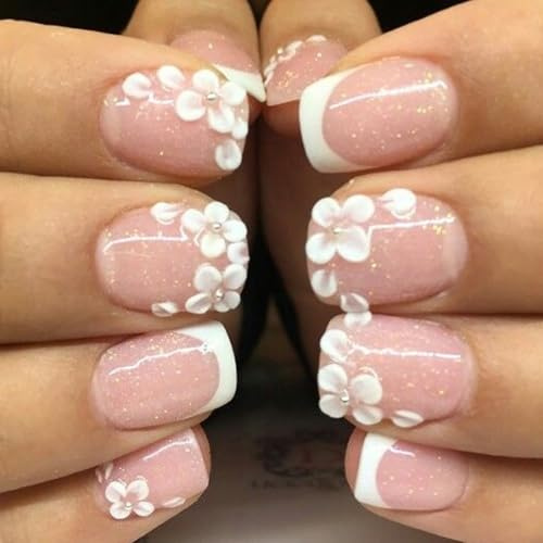 3D Floral Press On Nails, French Tip False with Lily of the Valley & White Flower Design, Elegant Stick On for Bridal(C)
